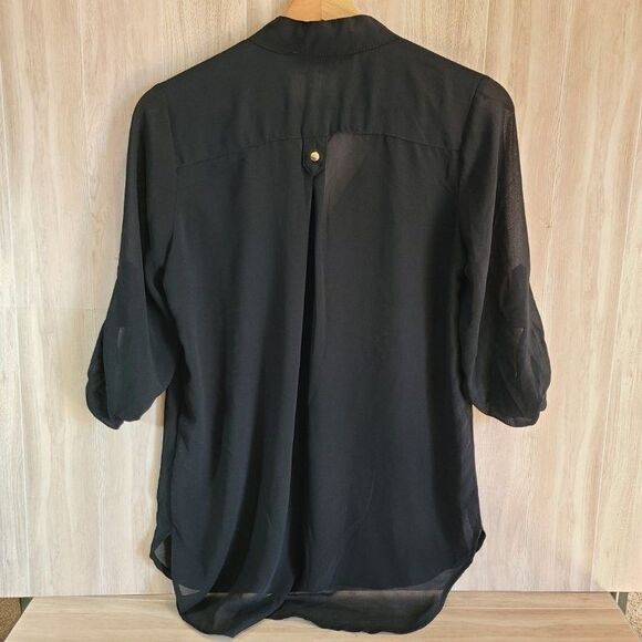 MyMichelle Black Sheer Blouse XS – Gold Zippers, Roll Tab Sleeves, V-Neck - Picture 2 of 8
